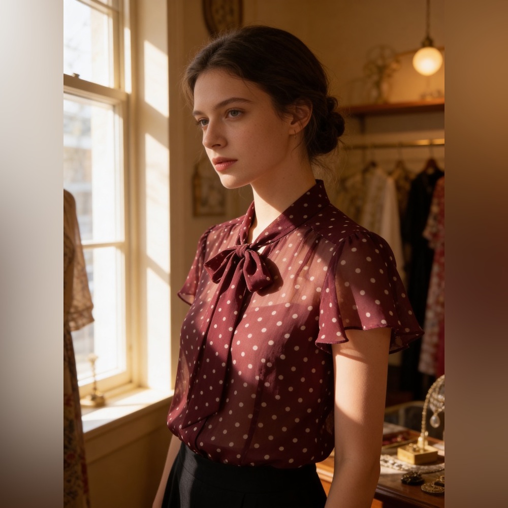 Old Navy Perfect Fit Silk polka dot button down blouse maroon tan sheer MEDIUM